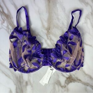 NWT Fleur Du Mal Purple Pansy Embroidery Plunge Silk Demi Bra 36G